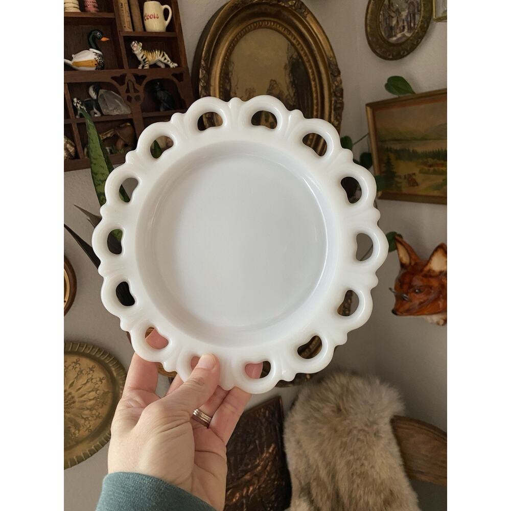 Vintage 1950s Milk Glass 8” Plate Serving Platter Lace Heart Edge